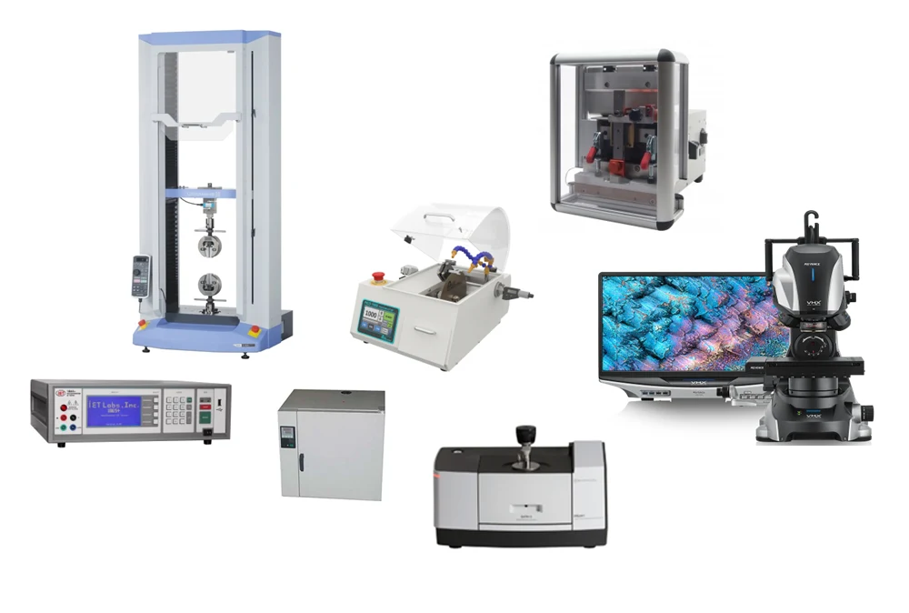 Eurotech lab testing equipment including tensile testers, environmental chambers, and Keyence microscopy used for materials qualification